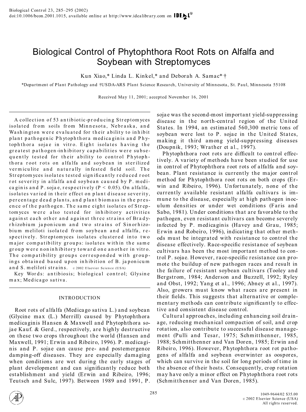 Biological Control of Phytophthora Root Rots on Alfalfa and Soybean with Streptomyces