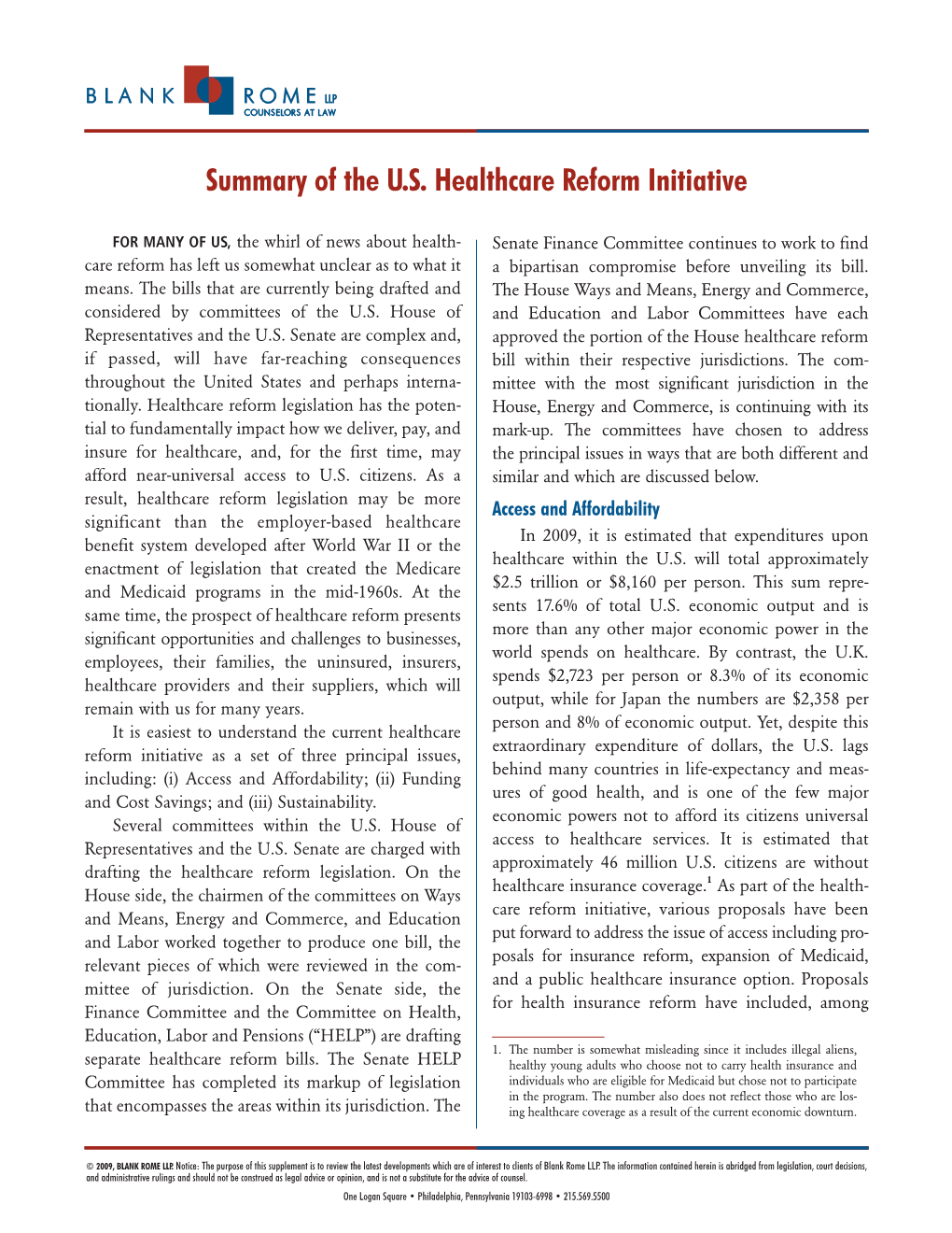 Summary of the U.S. Healthcare Reform Initiative