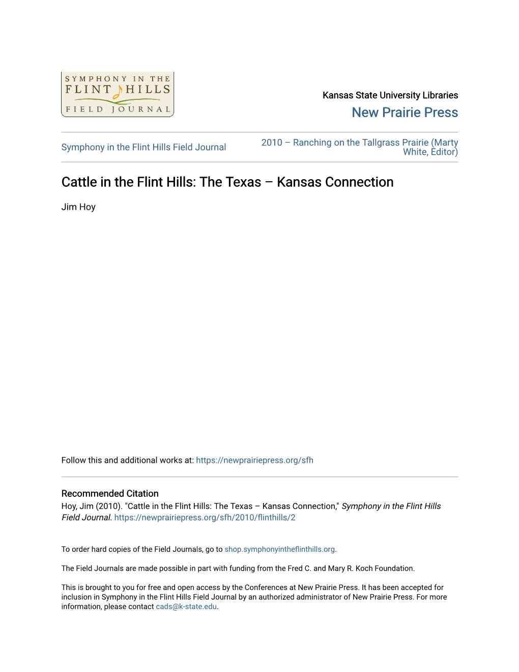 Cattle in the Flint Hills: the Texas – Kansas Connection