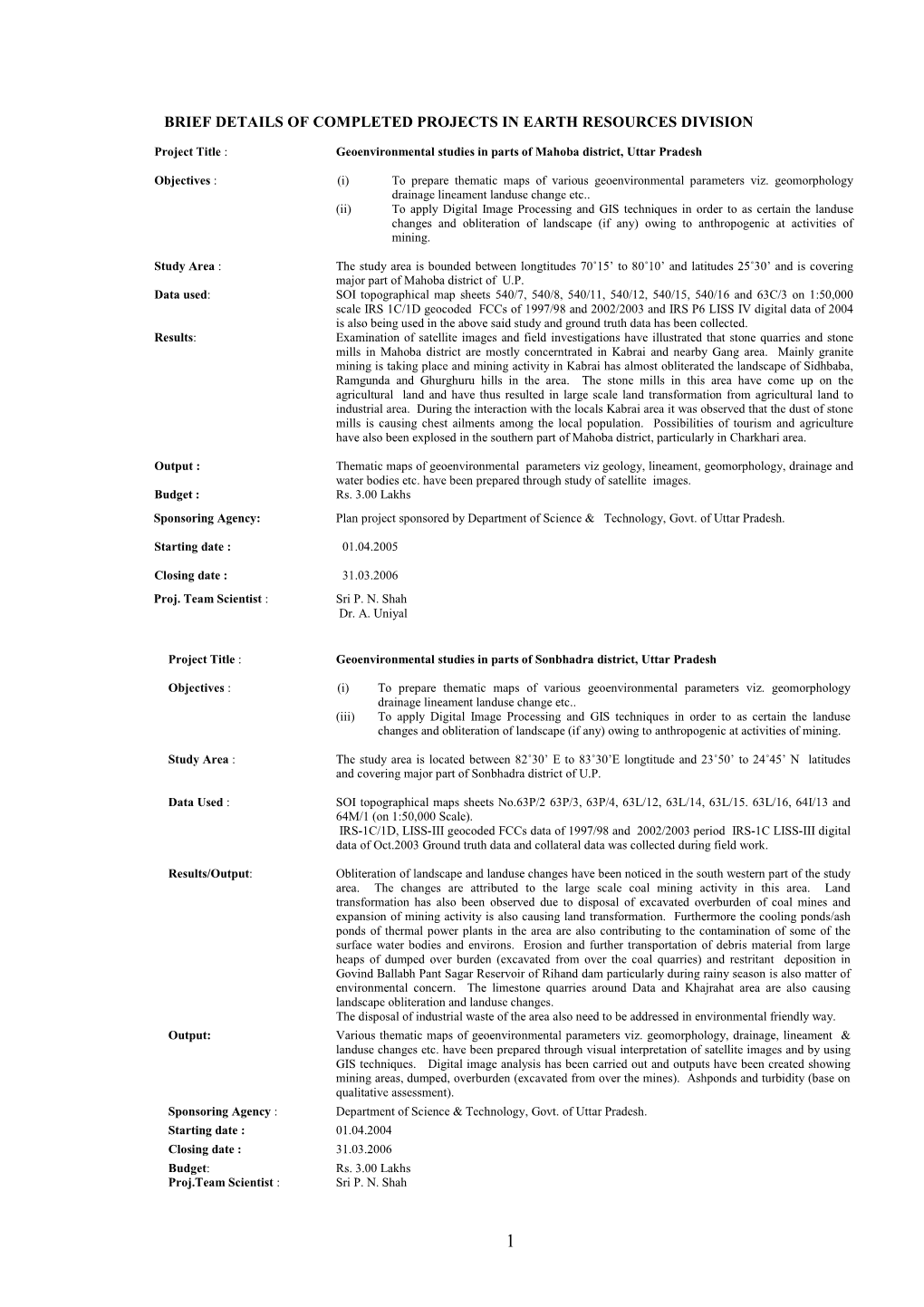 Brief Details of Completed Projects in Earth Resources Division