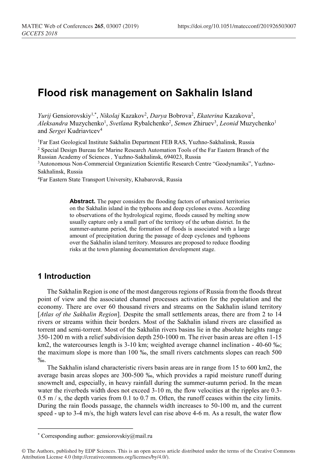 Flood Risk Management on Sakhalin Island