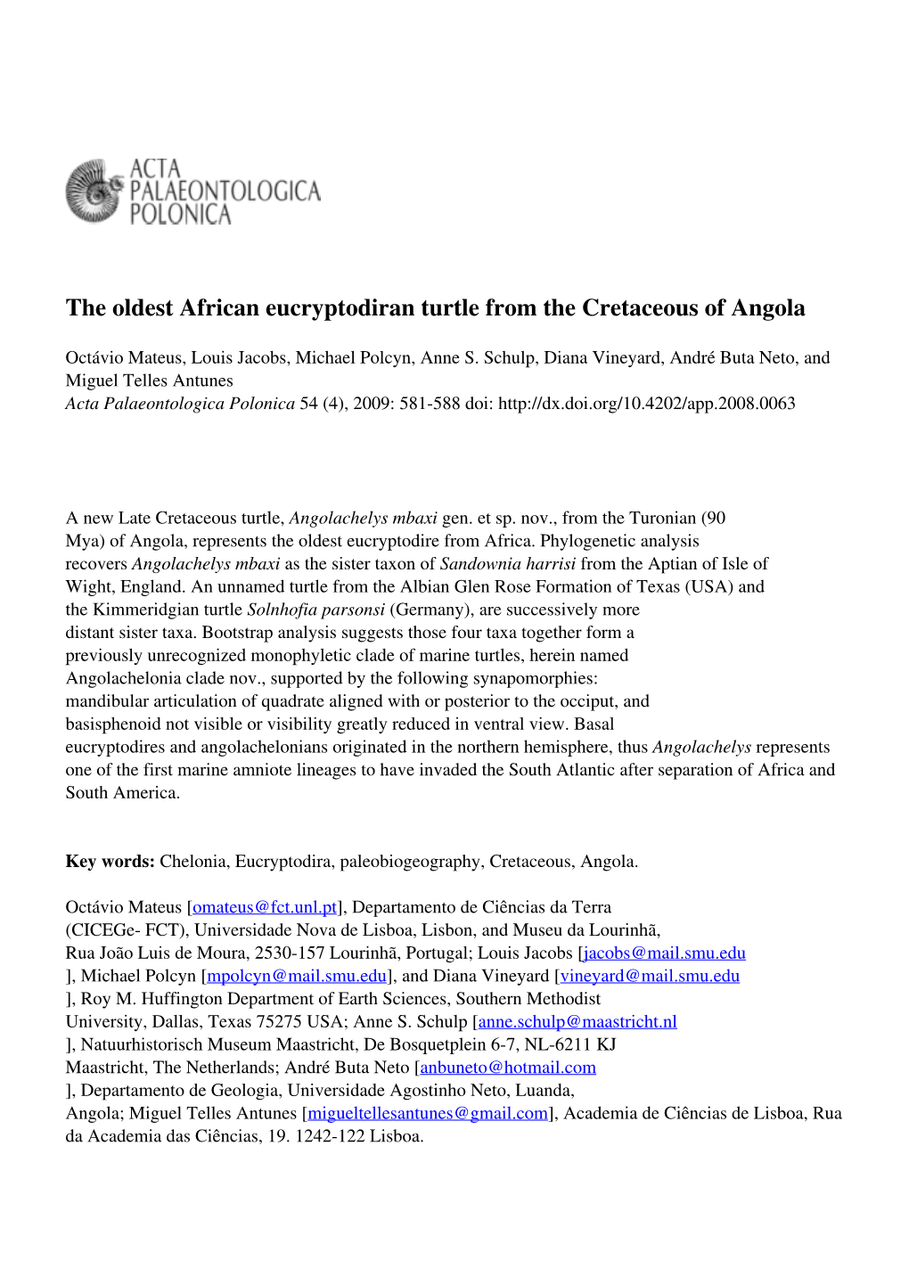 The Oldest African Eucryptodiran Turtle from the Cretaceous of Angola