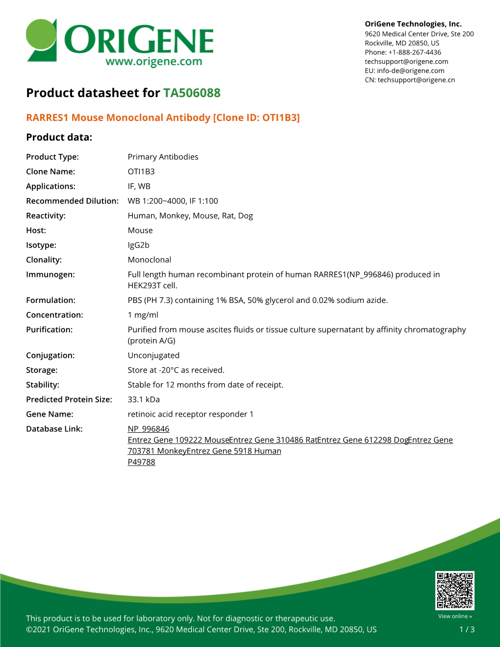 RARRES1 Mouse Monoclonal Antibody [Clone ID: OTI1B3] – TA506088 | Origene