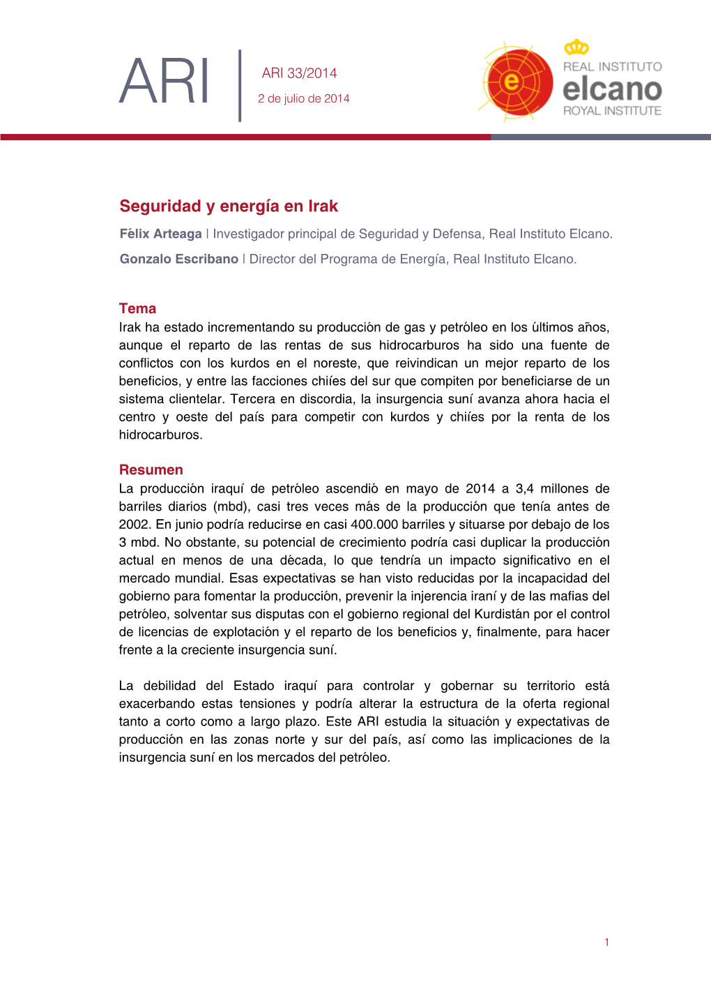 Seguridad Y Energía En Irak Félix Arteaga | Investigador Principal De Seguridad Y Defensa, Real Instituto Elcano