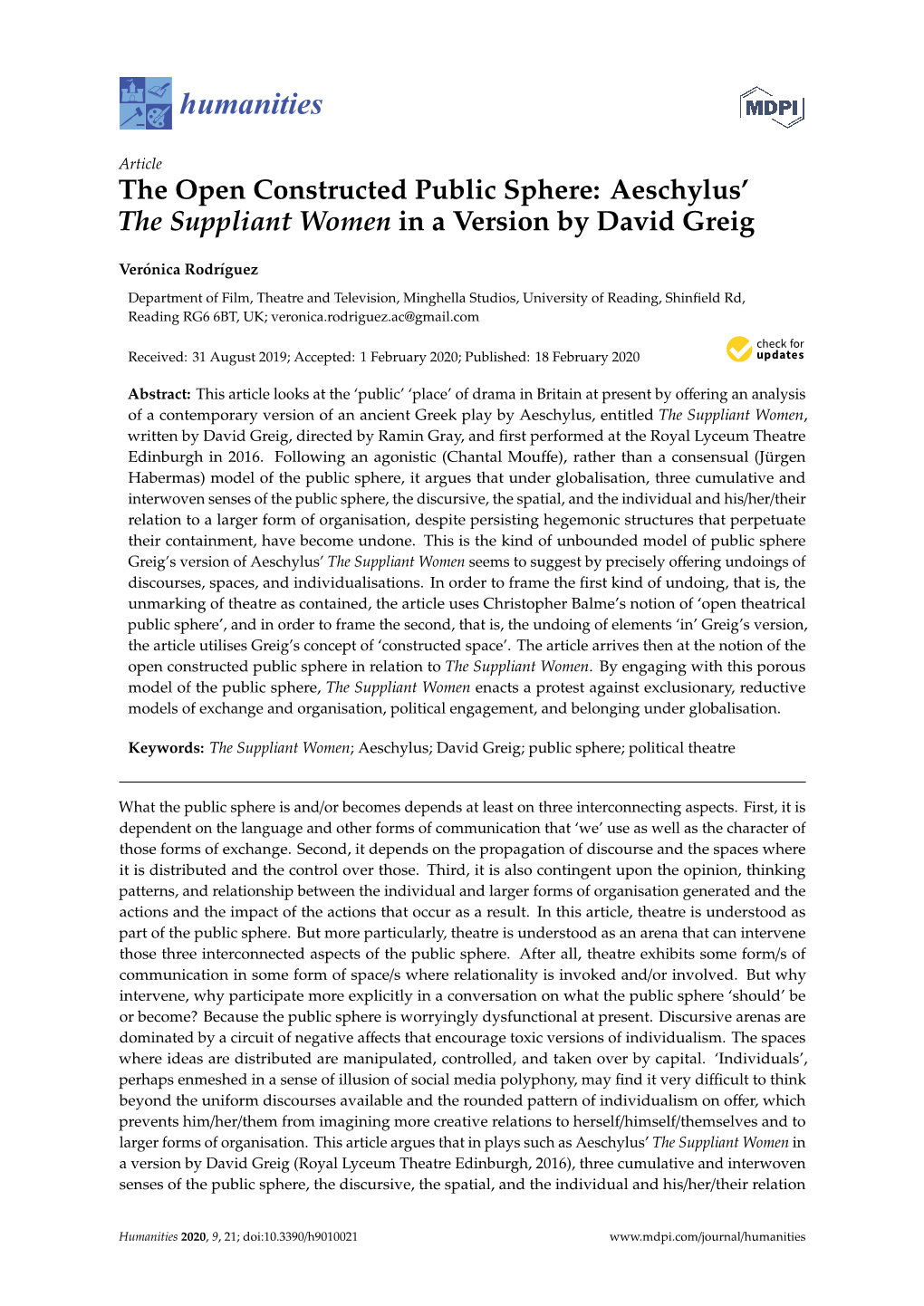 The Open Constructed Public Sphere: Aeschylus' the Suppliant Women in a Version by David Greig