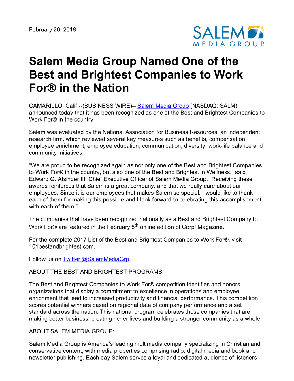 Salem Media Group Named One of the Best and Brightest Companies to Work For® in the Nation