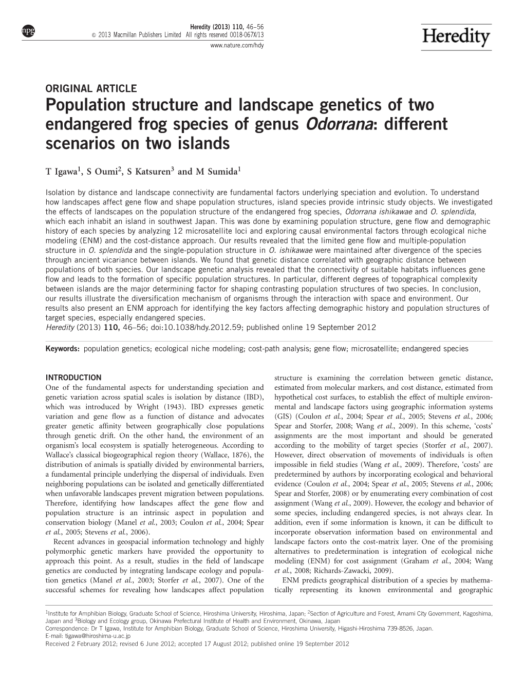 Population Structure and Landscape Genetics of Two Endangered Frog Species of Genus Odorrana: Different Scenarios on Two Islands