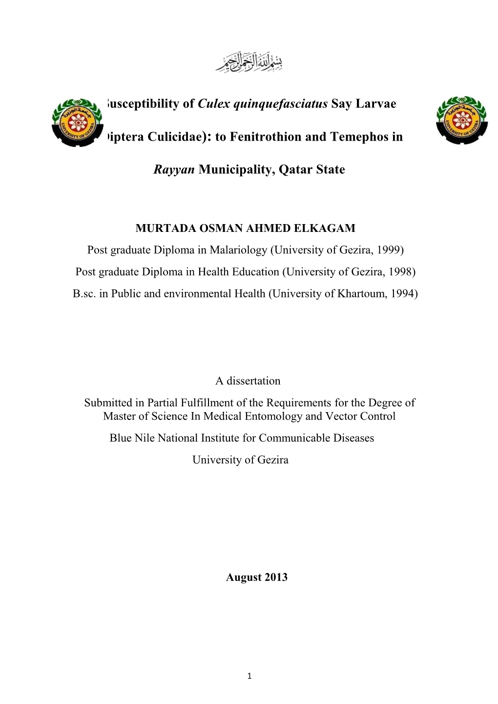 Diptera Culicidae): to Fenitrothion and Temephos In