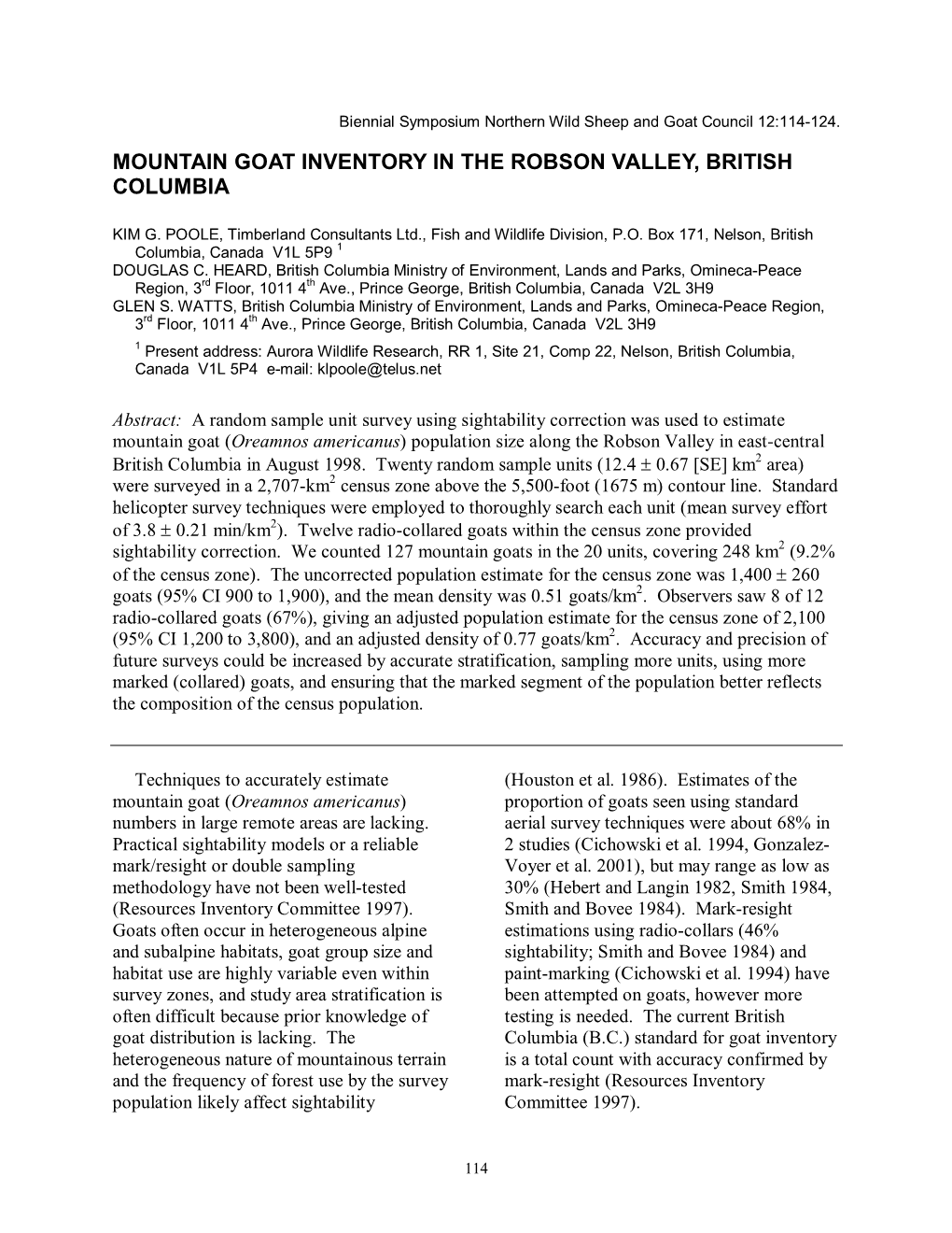 Mountain Goat Inventory in the Robson Valley, British Columbia