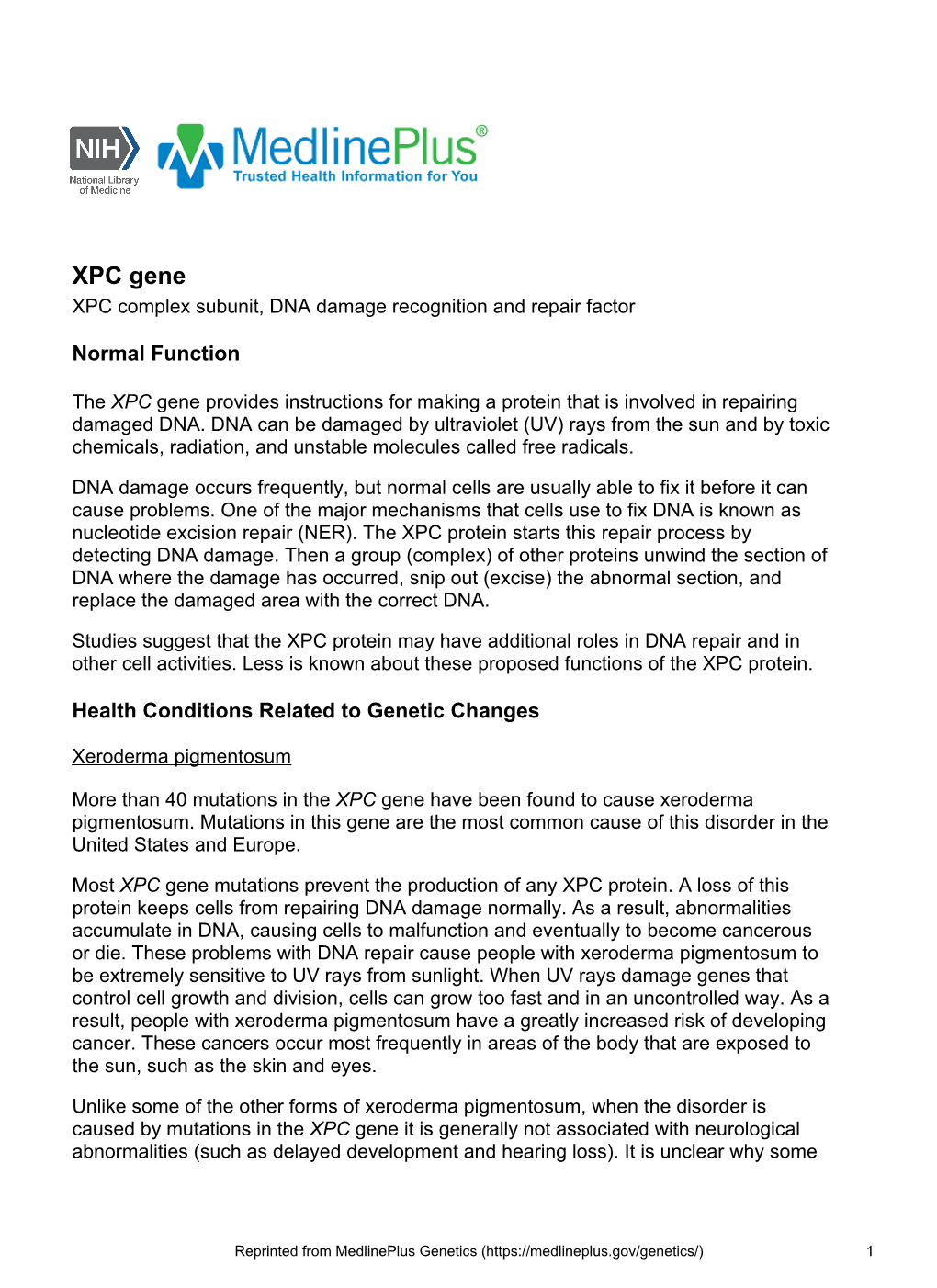 XPC Gene XPC Complex Subunit, DNA Damage Recognition and Repair Factor