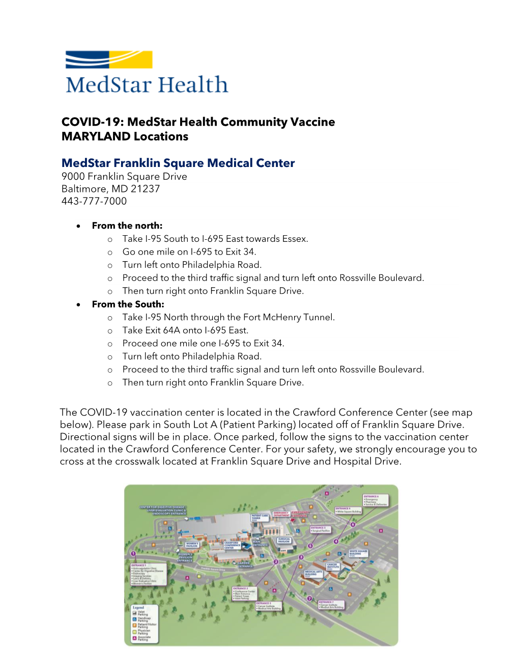COVID-19: Medstar Health Community Vaccine MARYLAND Locations Medstar Franklin Square Medical Center