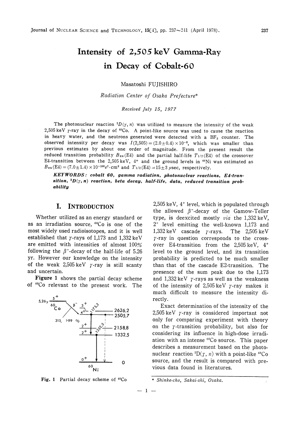 Intensity of 2,505 Kev Gamma-Ray in Decay of Cobalt-60