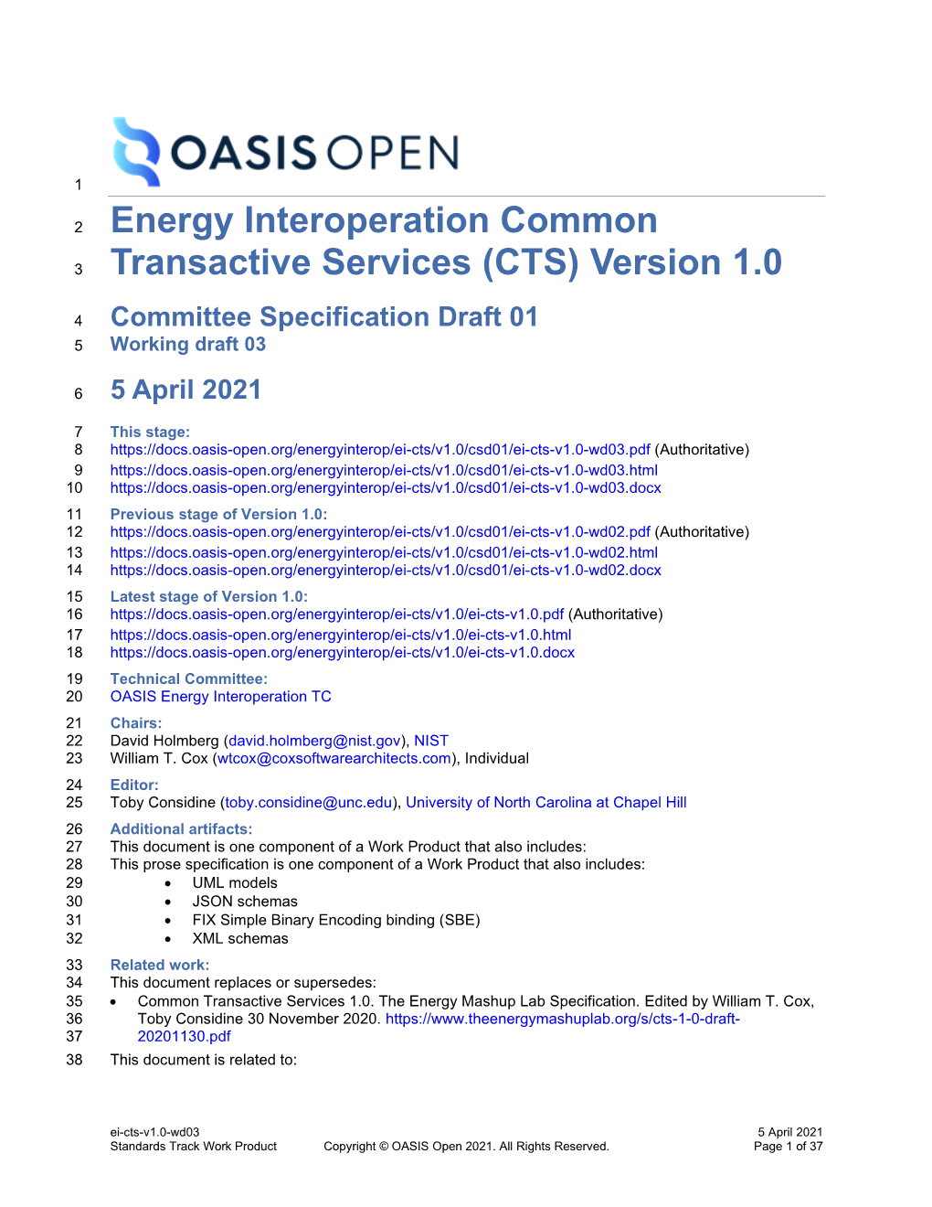 Energy Interoperation Common Transactive Services (CTS) Version 1.0