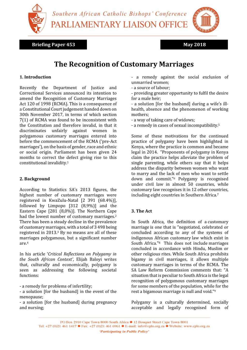 The Recognition of Customary Marriages