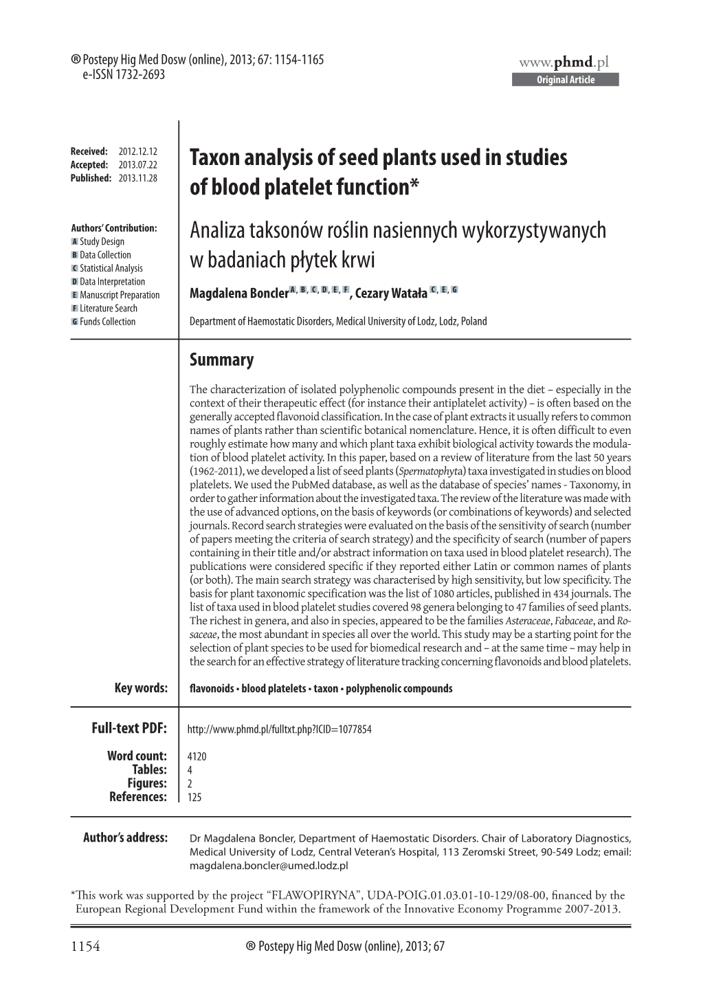 Taxon Analysis of Seed Plants Used in Studies of Blood Platelet Function* Analiza Taksonów Roślin Nasiennych Wykorzystywanych