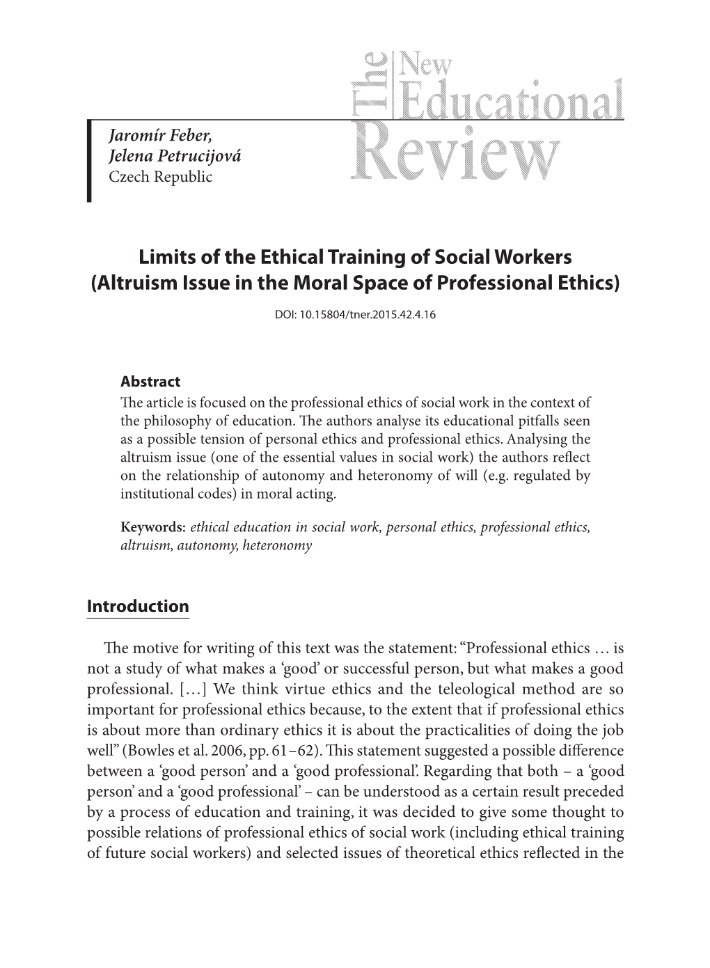 Limits of the Ethical Training of Social Workers (Altruism Issue in the Moral Space of Professional Ethics)