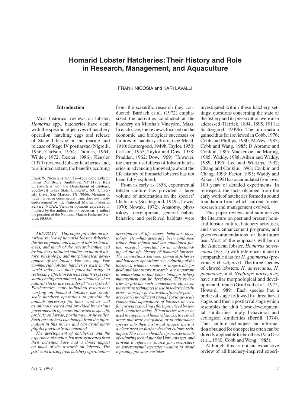 Homarid Lobster Hatcheries: Their History and Role in Research, Management, and Aquaculture