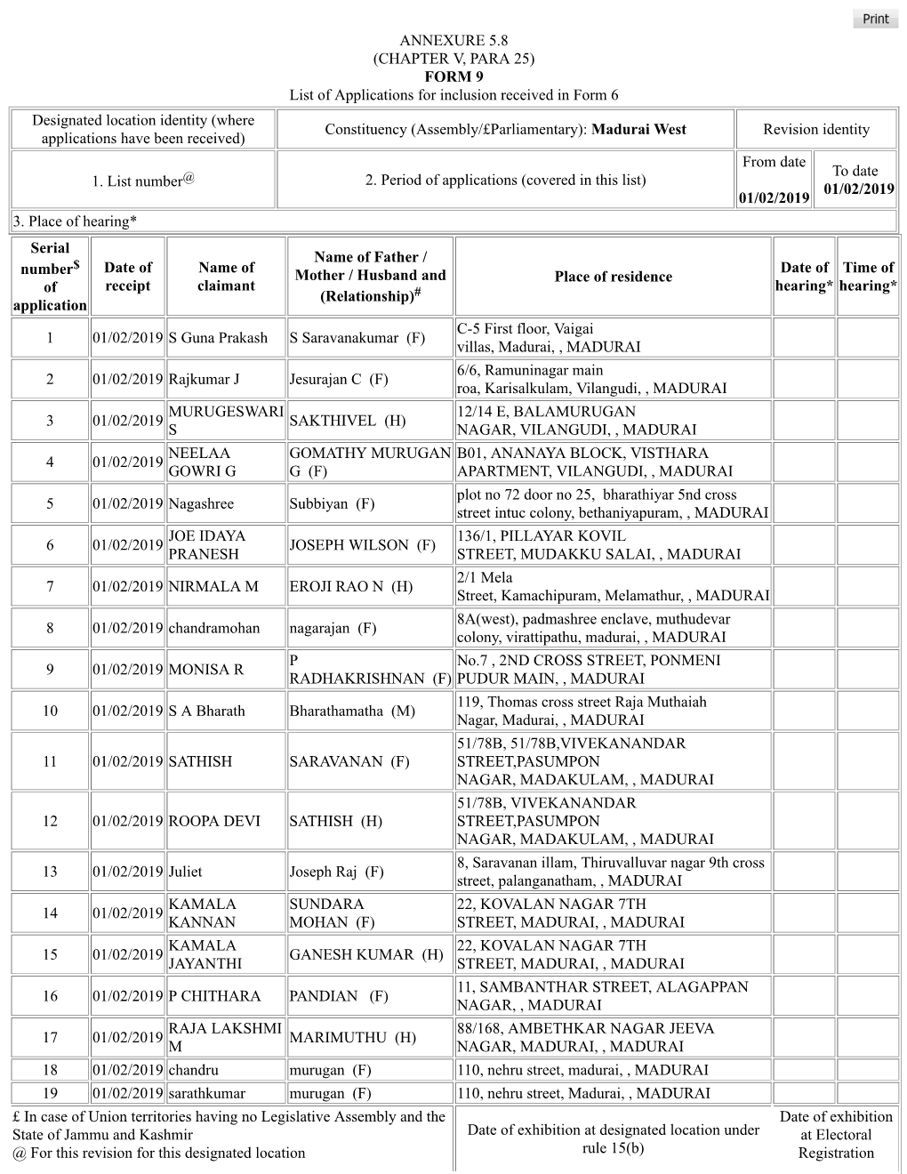 ANNEXURE 5.8 (CHAPTER V, PARA 25) FORM 9 List of Applications For