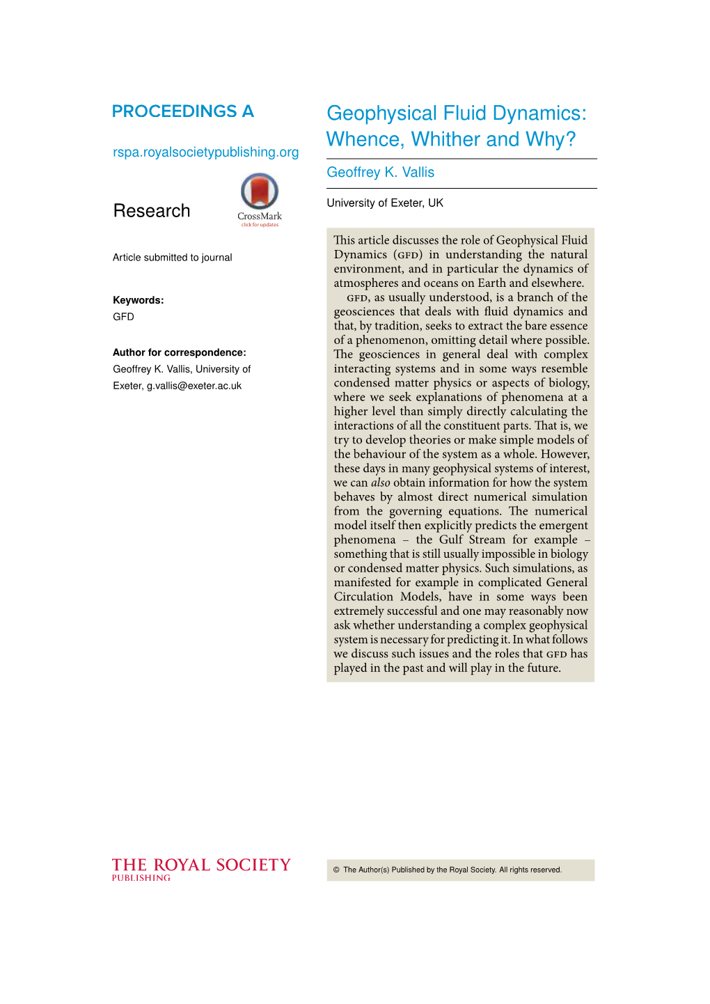 Geophysical Fluid Dynamics: Whence, Whither and Why? Rspa.Royalsocietypublishing.Org Geoffrey K