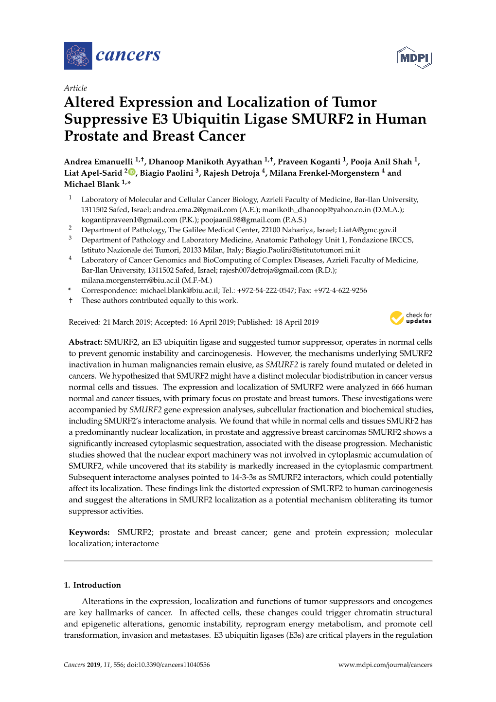 Altered Expression and Localization of Tumor Suppressive E3 Ubiquitin Ligase SMURF2 in Human Prostate and Breast Cancer