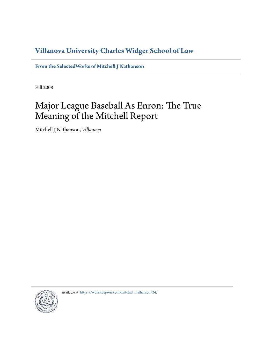 Major League Baseball As Enron: the True Meaning of the Mitchell Report