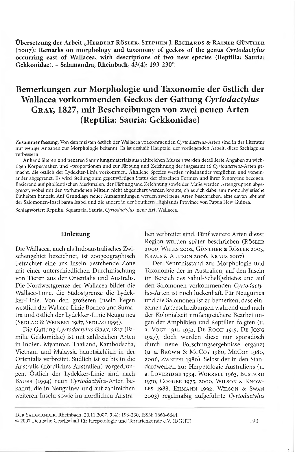 Bemerkungen Zur Morphologie Und Taxonomie Der Östlich Der Wallacea