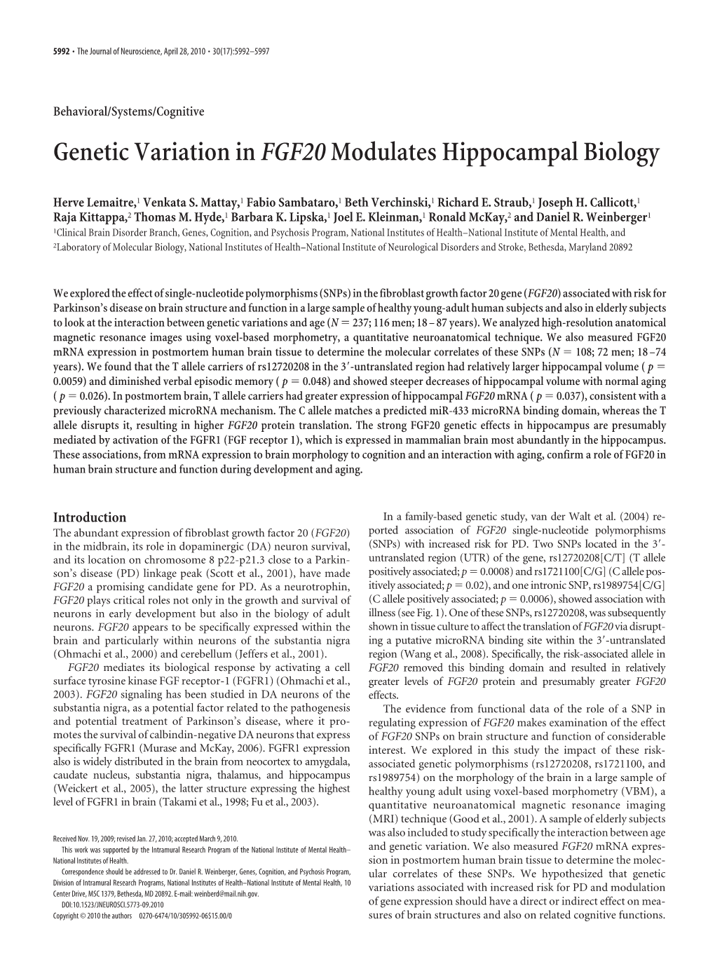 Genetic Variation Infgf20modulates Hippocampal Biology