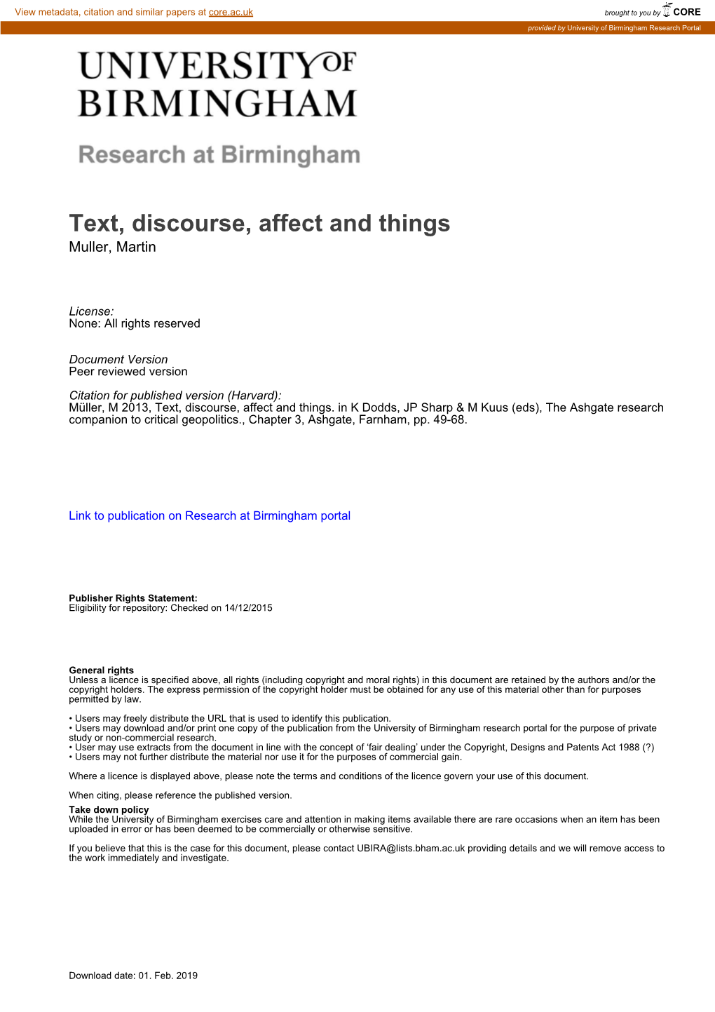 Text, Discourse, Affect and Things Muller, Martin