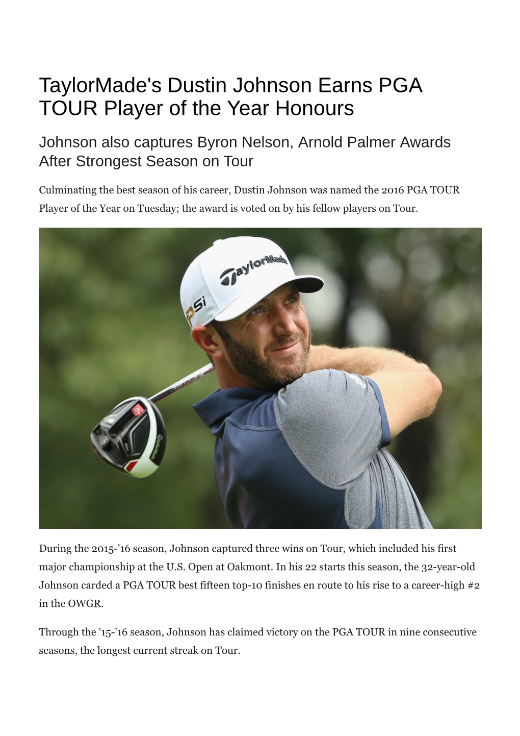 Taylormade's Dustin Johnson Earns PGA TOUR Player of the Year Honours