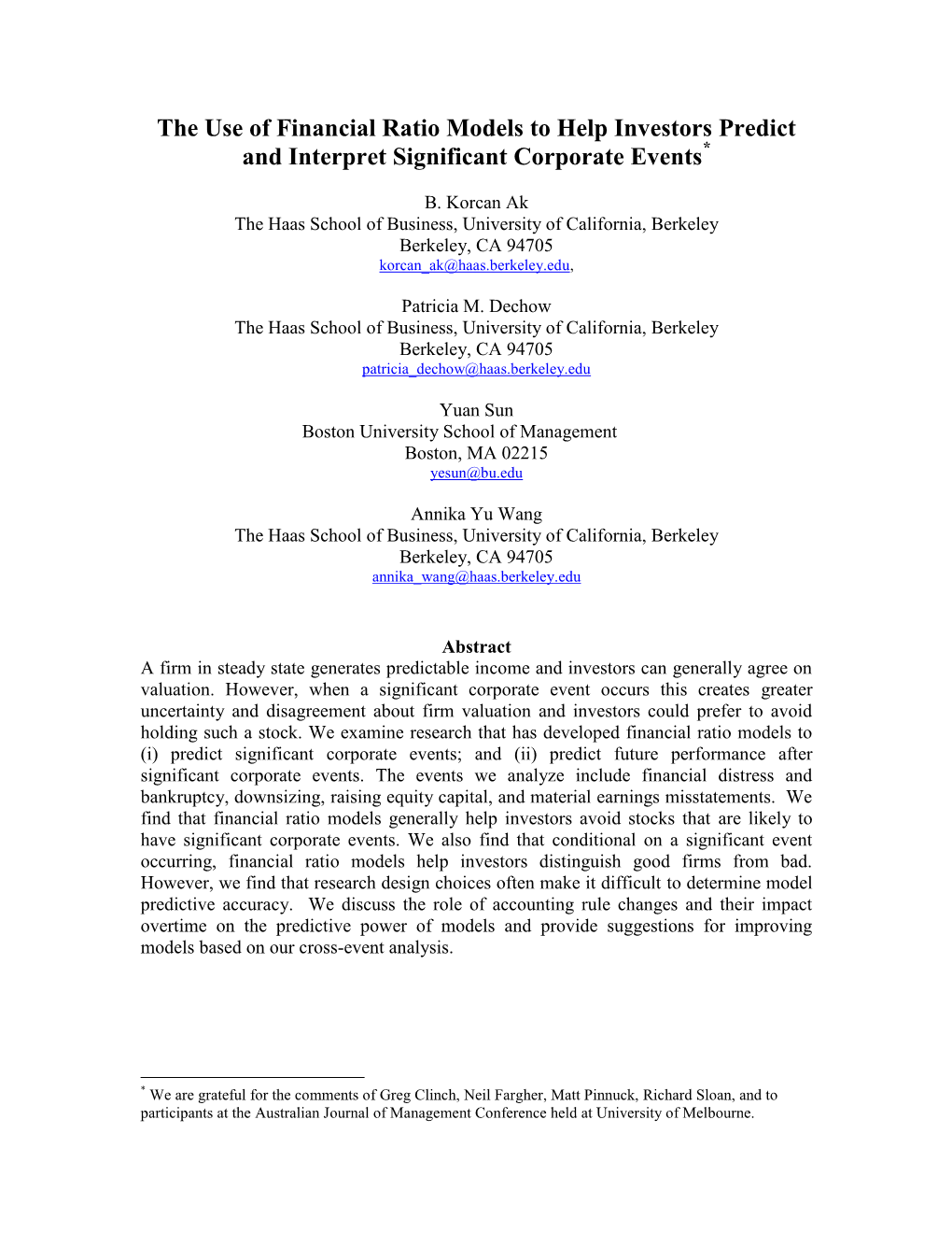 The Use of Financial Ratio Models to Help Investors Predict and Interpret Significant Corporate Events*