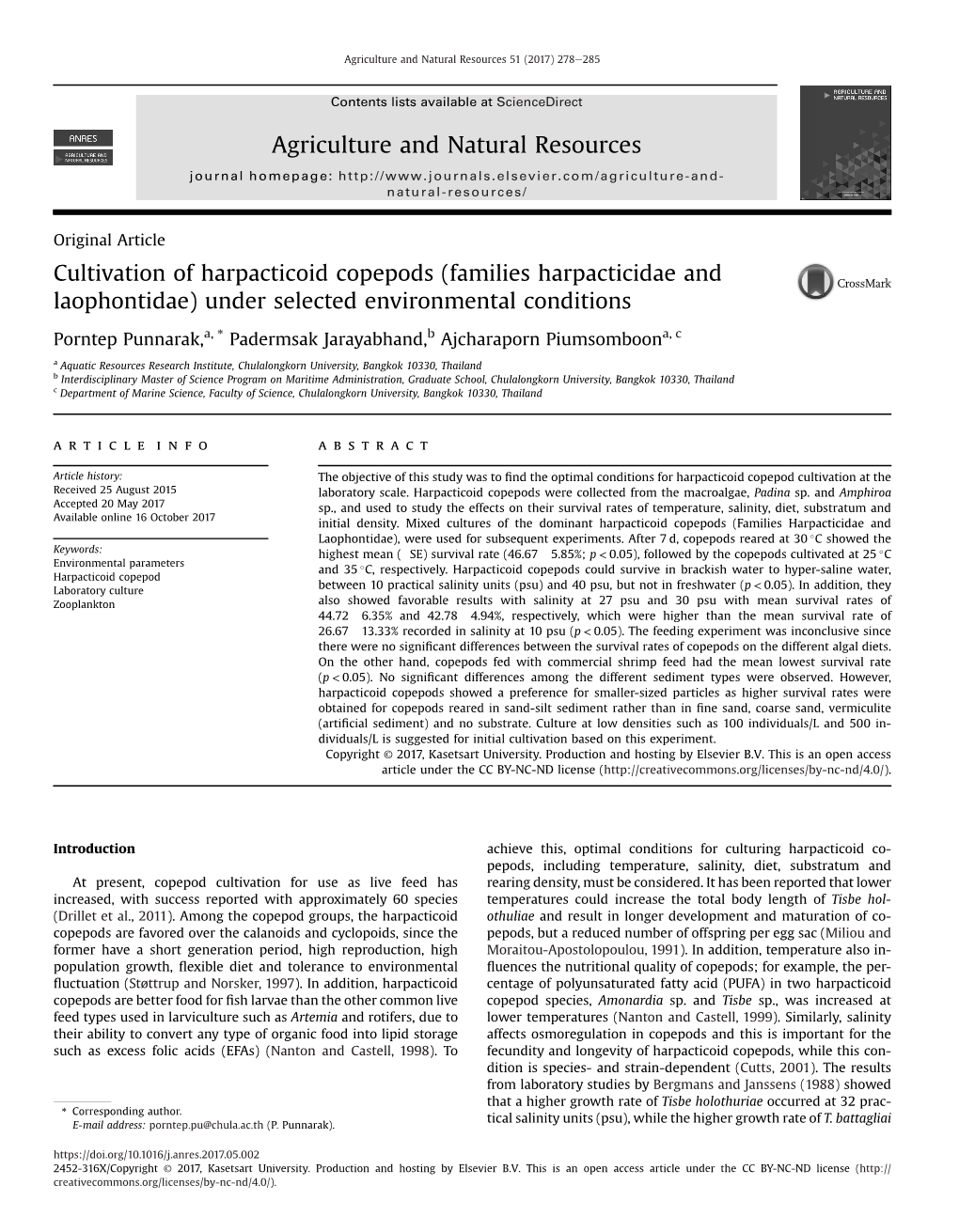 Cultivation of Harpacticoid Copepods (Families Harpacticidae and Laophontidae) Under Selected Environmental Conditions Agricultu