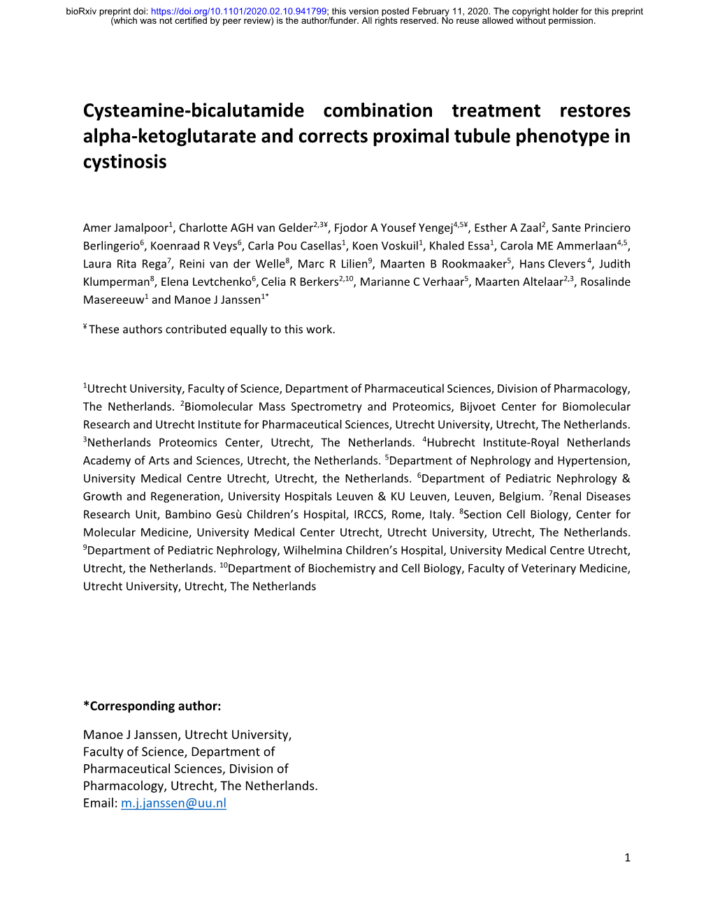 Cysteamine-Bicalutamide Combination Treatment Restores Alpha-Ketoglutarate and Corrects Proximal Tubule Phenotype in Cystinosis