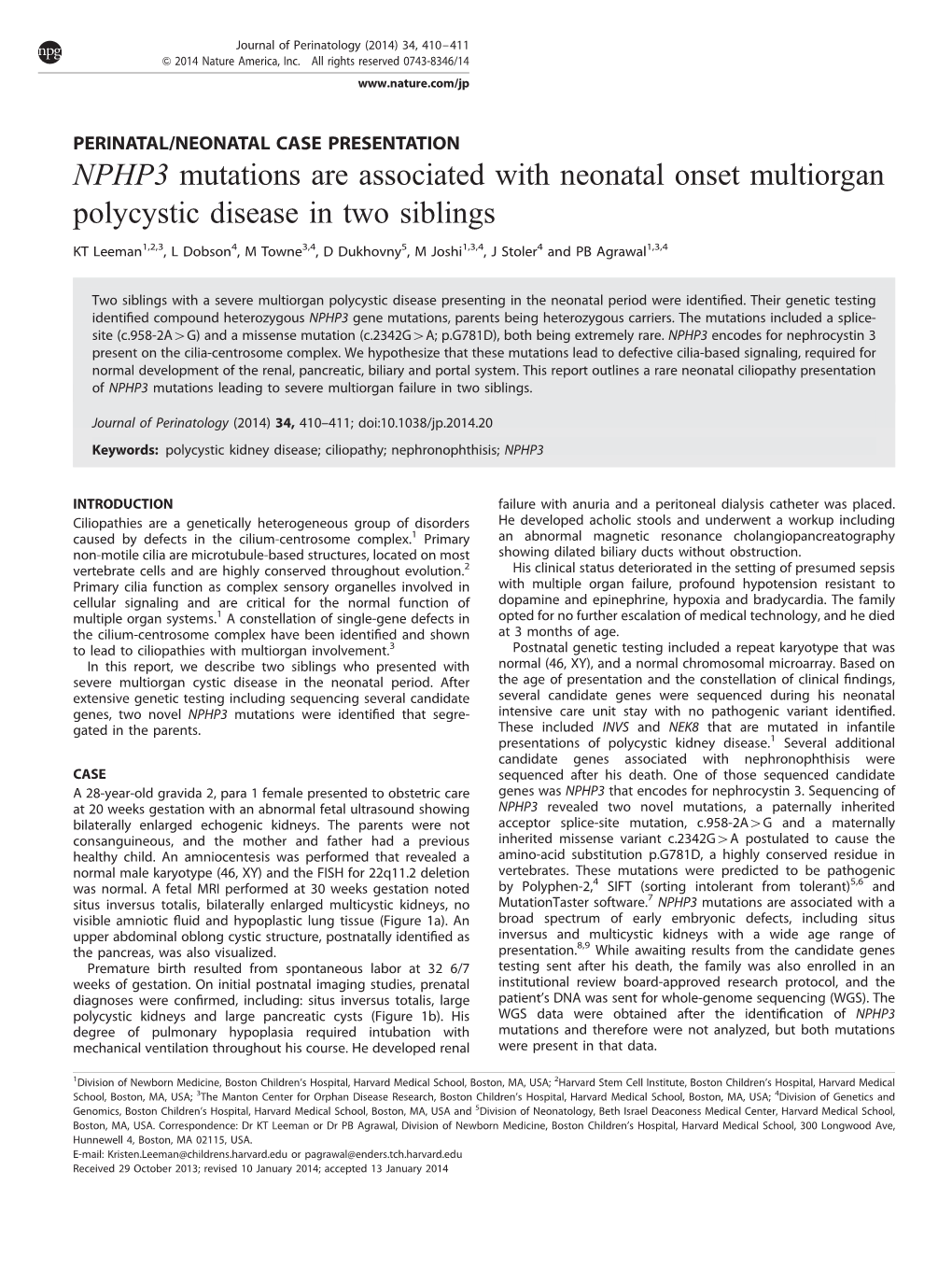 NPHP3 Mutations Are Associated with Neonatal Onset Multiorgan Polycystic Disease in Two Siblings