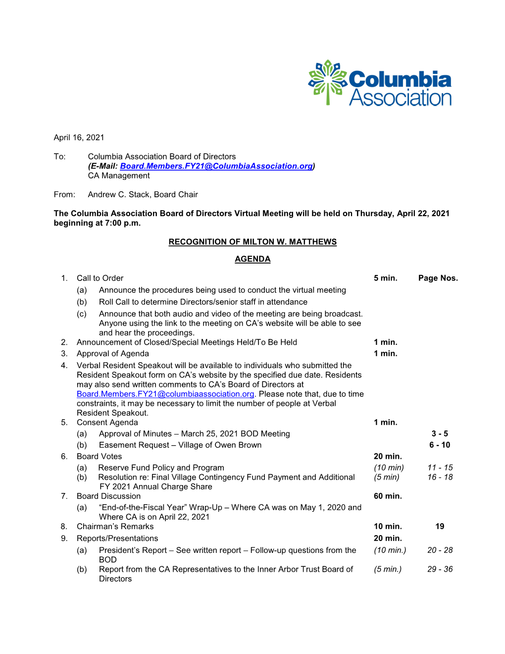 April 16, 2021 To: Columbia Association Board of Directors (E