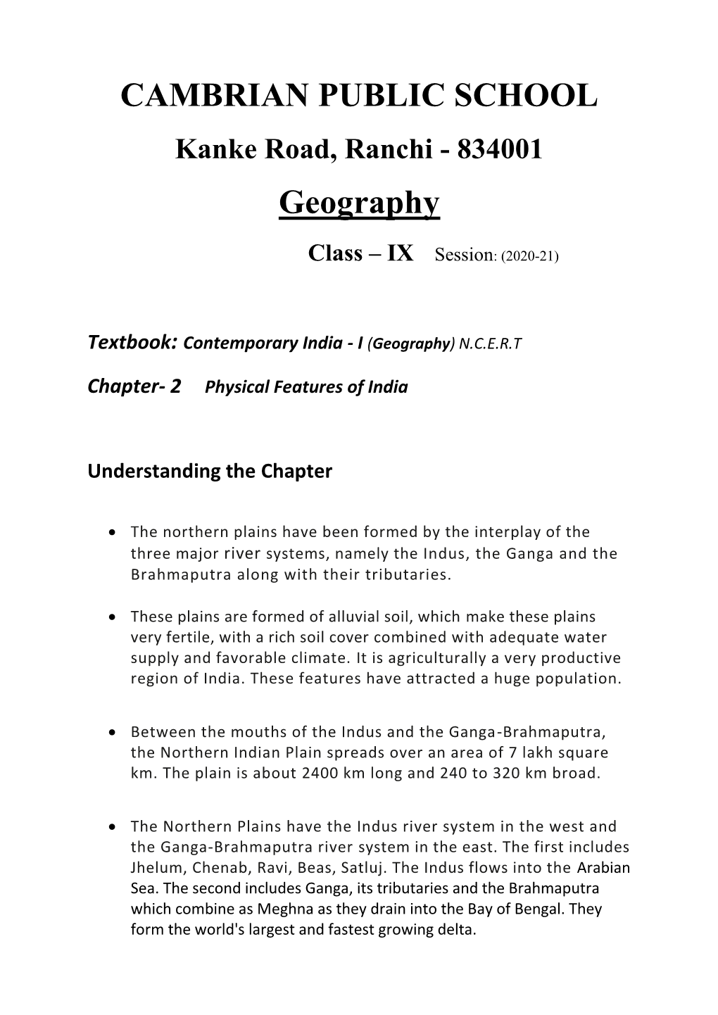 CAMBRIAN PUBLIC SCHOOL Geography