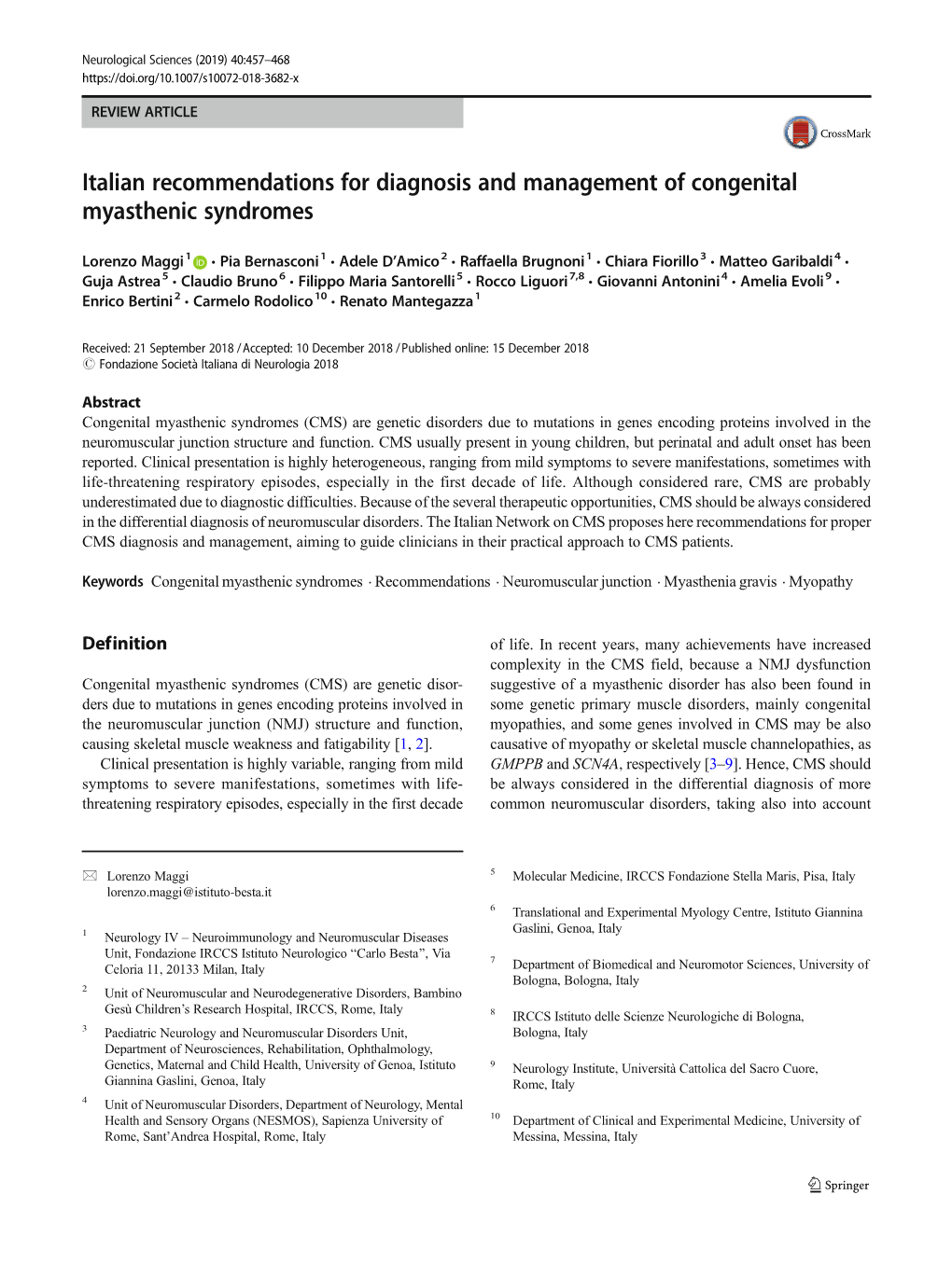 Italian Recommendations for Diagnosis and Management of Congenital Myasthenic Syndromes