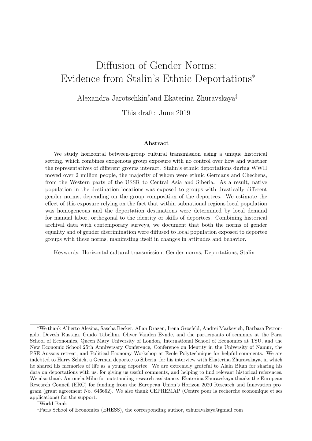 Diffusion of Gender Norms: Evidence from Stalin's Ethnic Deportations