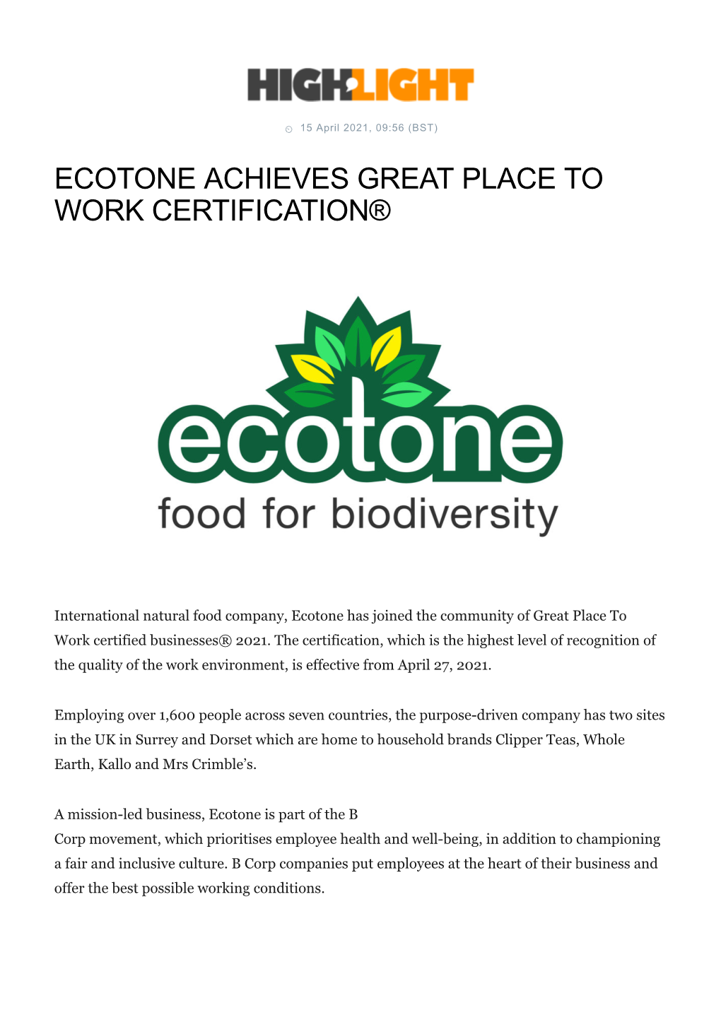 Ecotone Achieves Great Place to Work Certification®