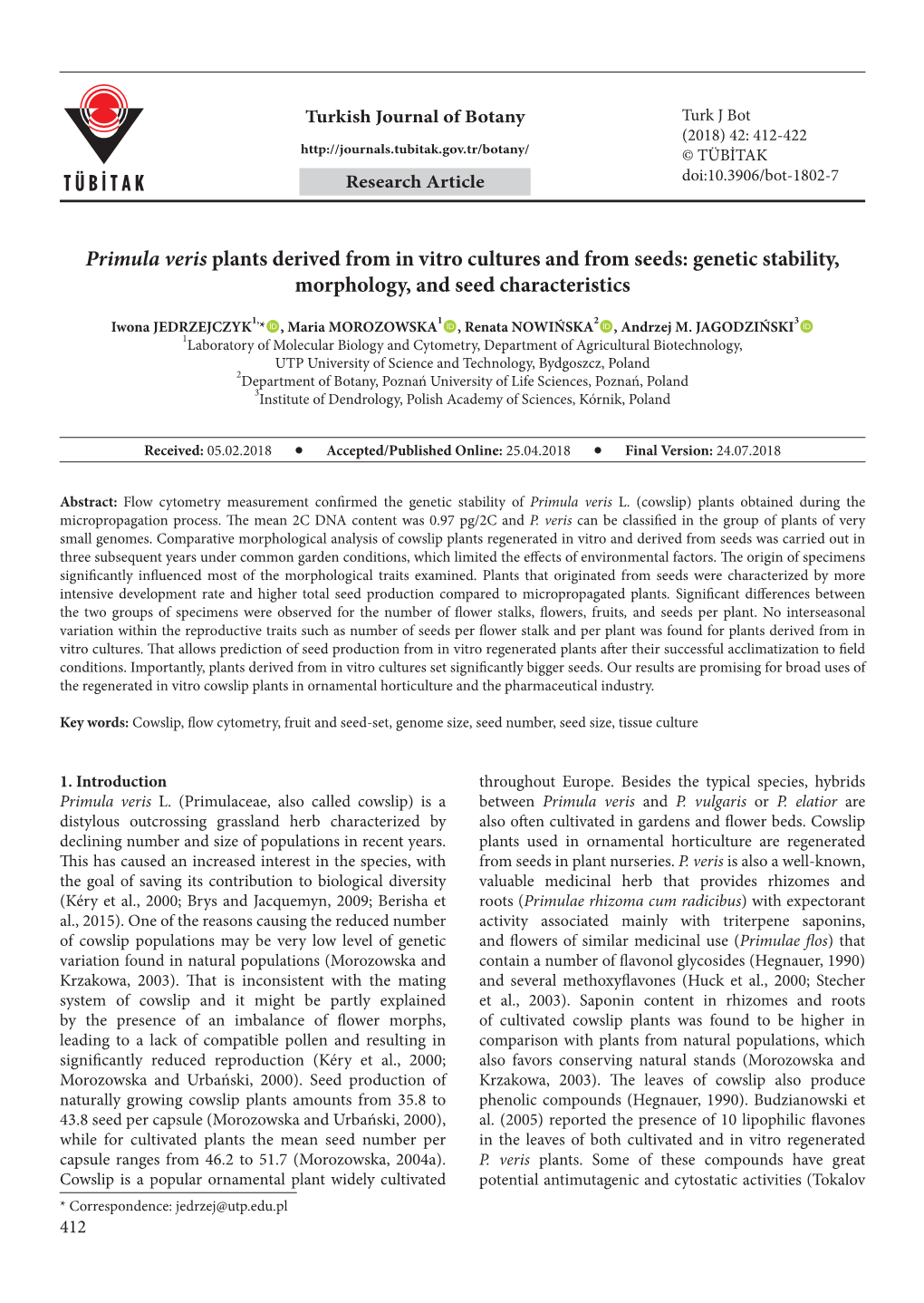 Primula Veris Plants Derived from in Vitro Cultures and from Seeds: Genetic Stability, Morphology, and Seed Characteristics