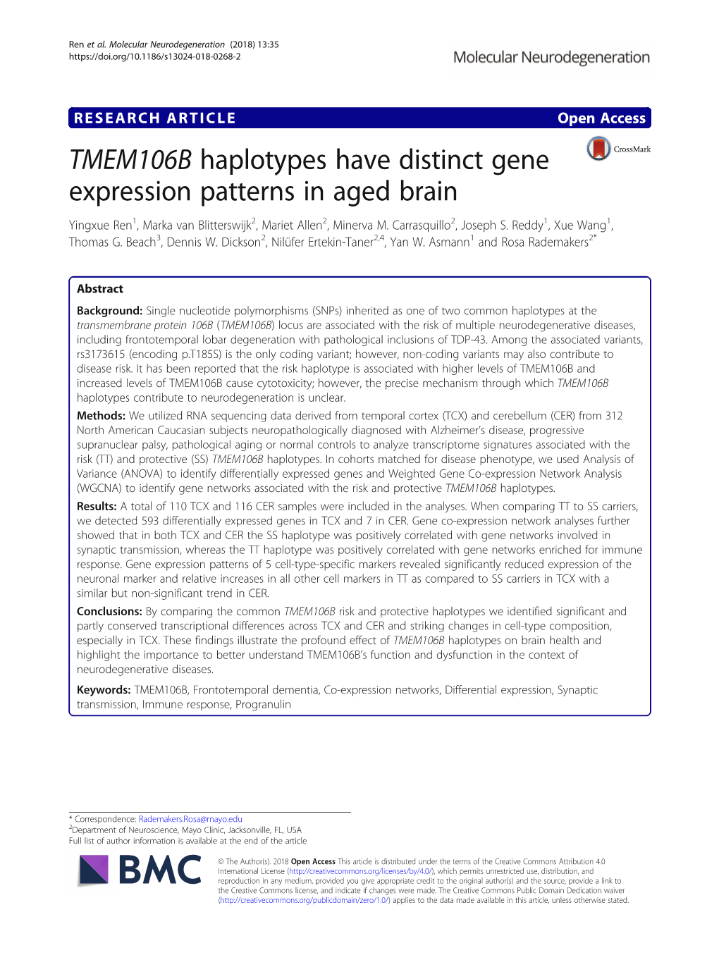 TMEM106B Haplotypes Have Distinct Gene Expression Patterns in Aged Brain Yingxue Ren1, Marka Van Blitterswijk2, Mariet Allen2, Minerva M