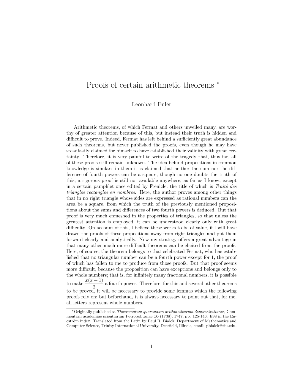 Proofs of Certain Arithmetic Theorems ∗