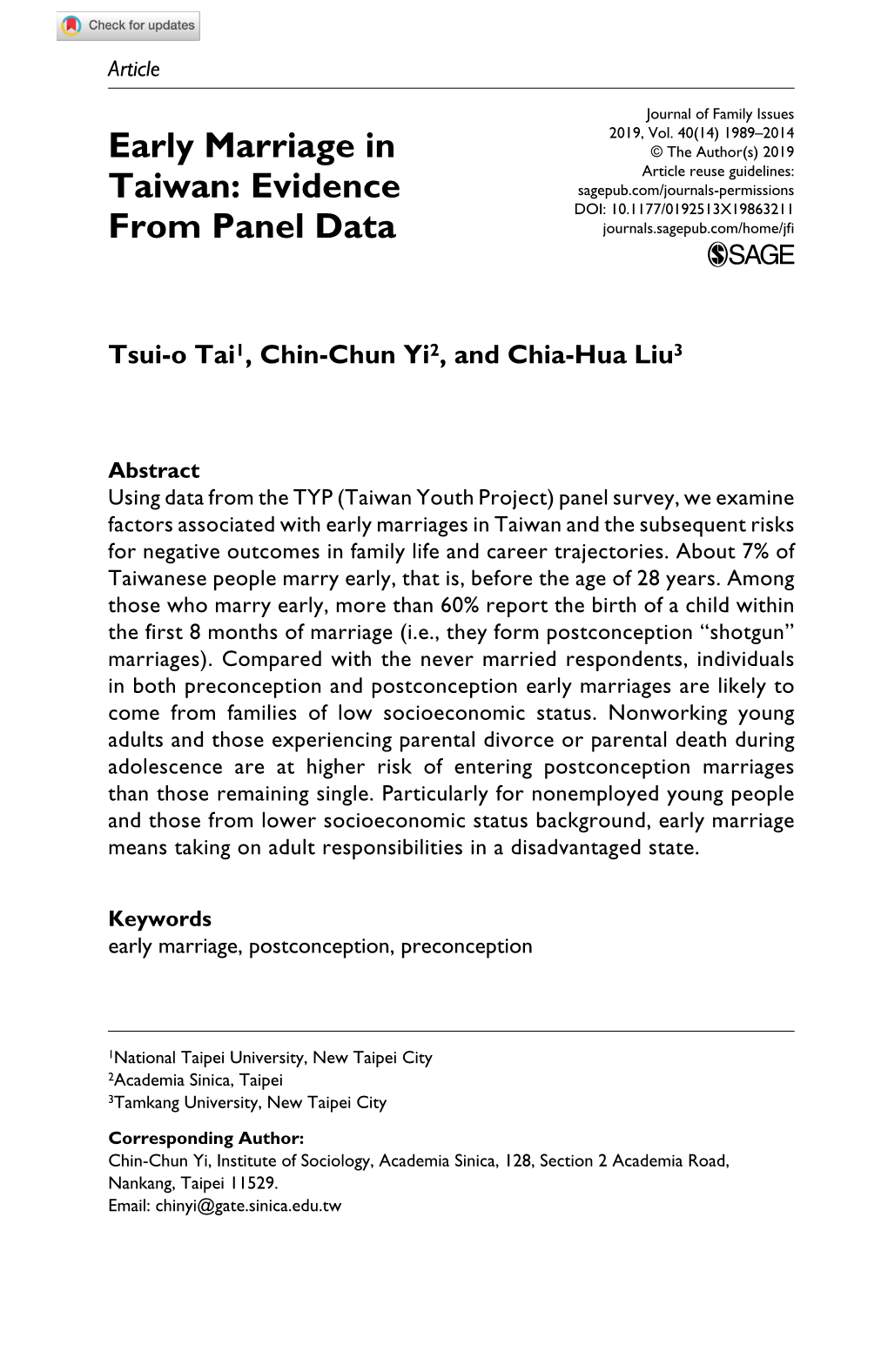 Early Marriage in Taiwan: Evidence from Panel Data