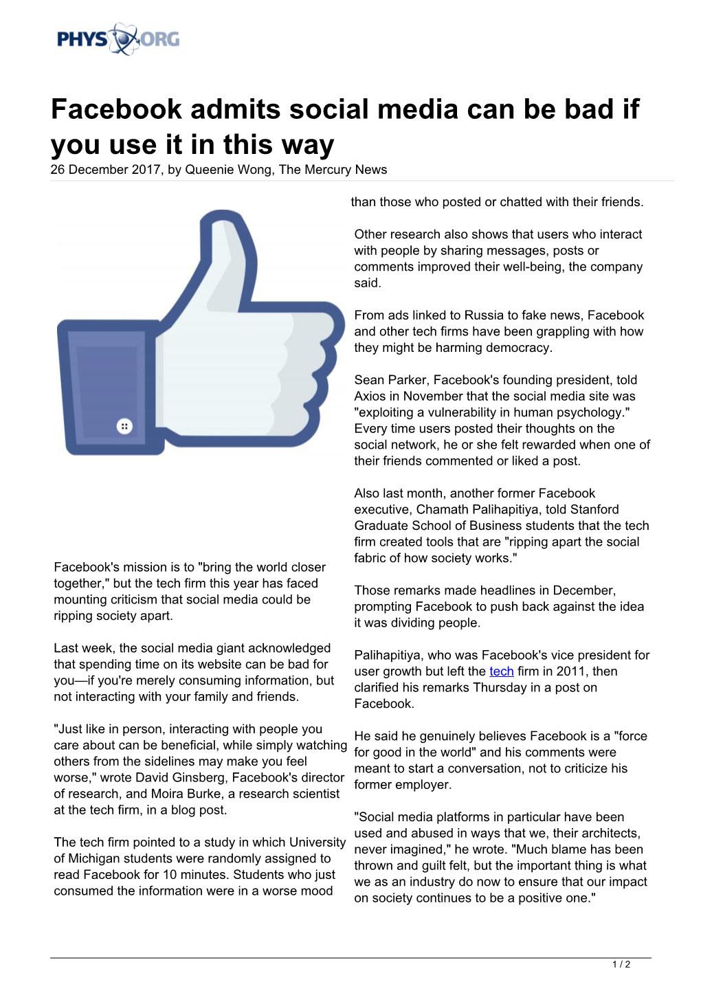 Facebook Admits Social Media Can Be Bad If You Use It in This Way 26 December 2017, by Queenie Wong, the Mercury News