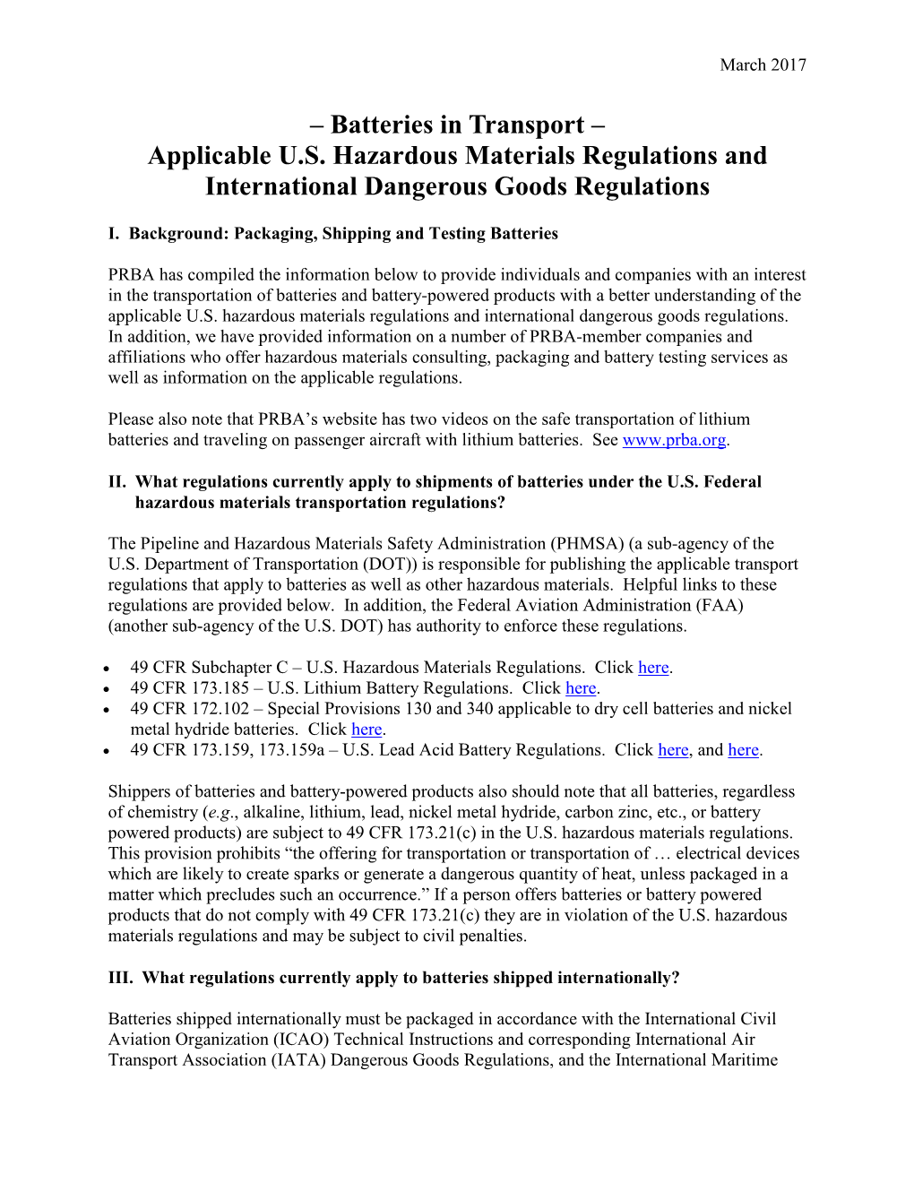 Batteries in Transport – Applicable US Hazardous Materials Regulations and International Dangerous Goods Regulations