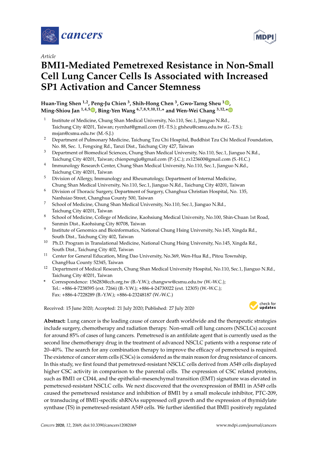 BMI1-Mediated Pemetrexed Resistance in Non-Small Cell Lung Cancer Cells Is Associated with Increased SP1 Activation and Cancer Stemness