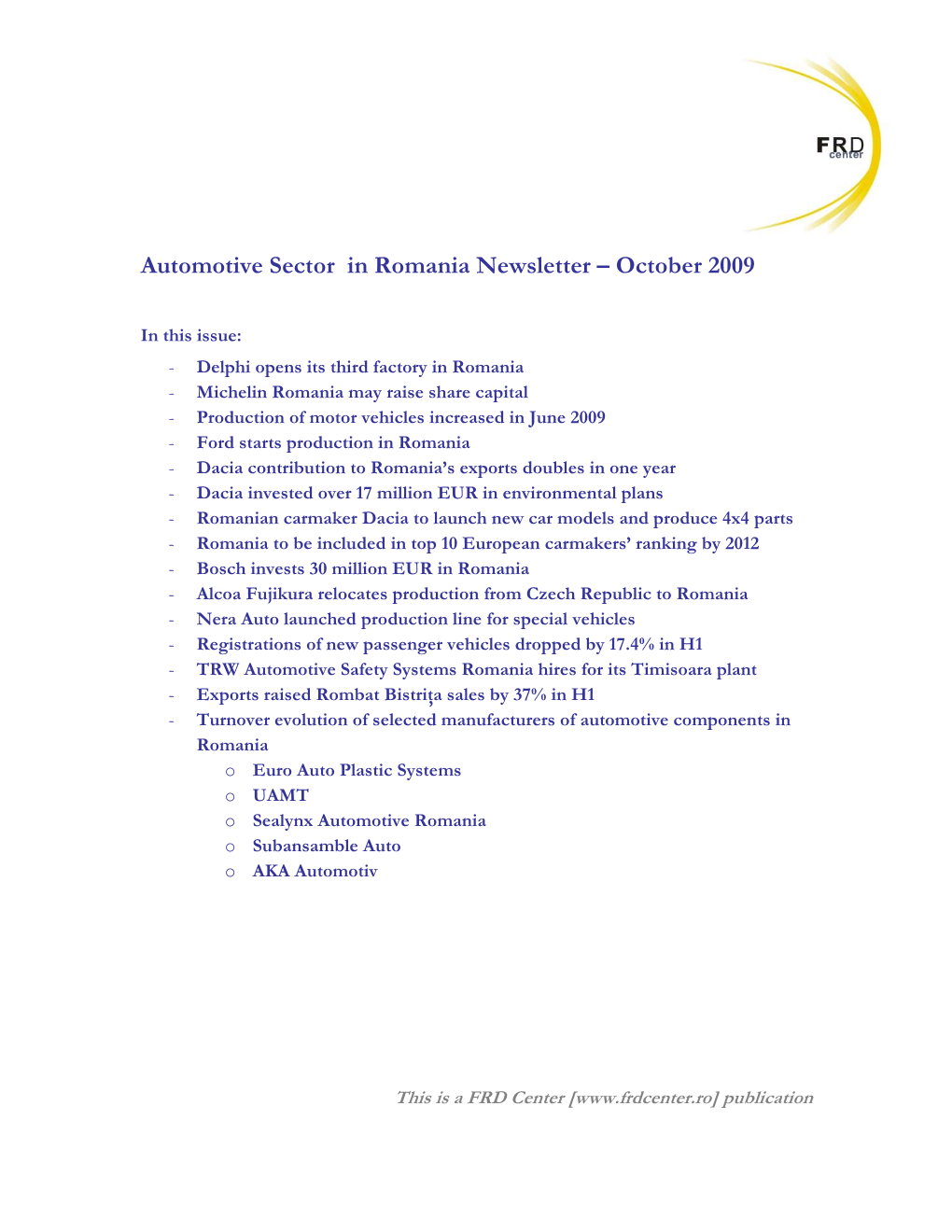 Automotive Sector in Romania Newsletter