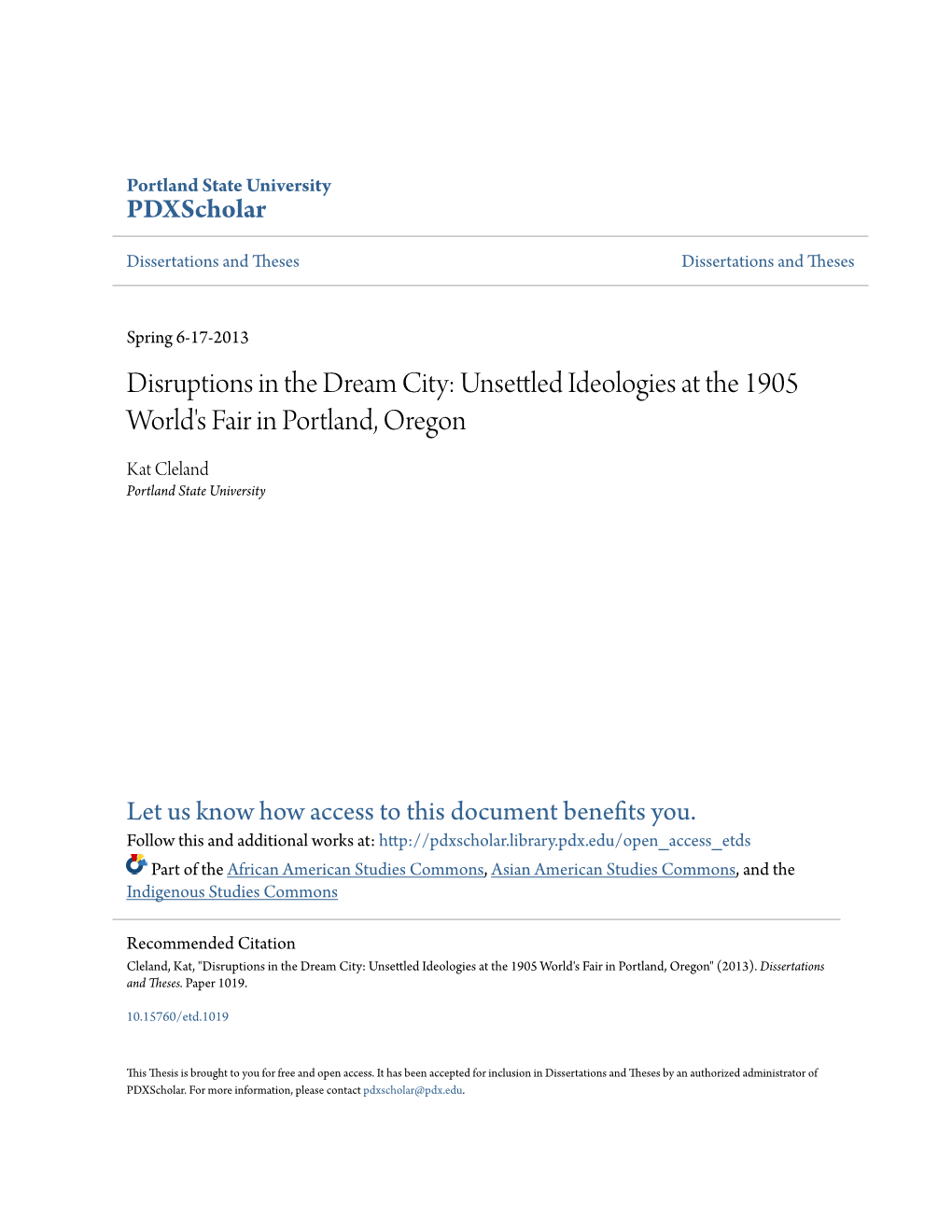 Disruptions in the Dream City: Unsettled Ideologies at the 1905 World's Fair in Portland, Oregon