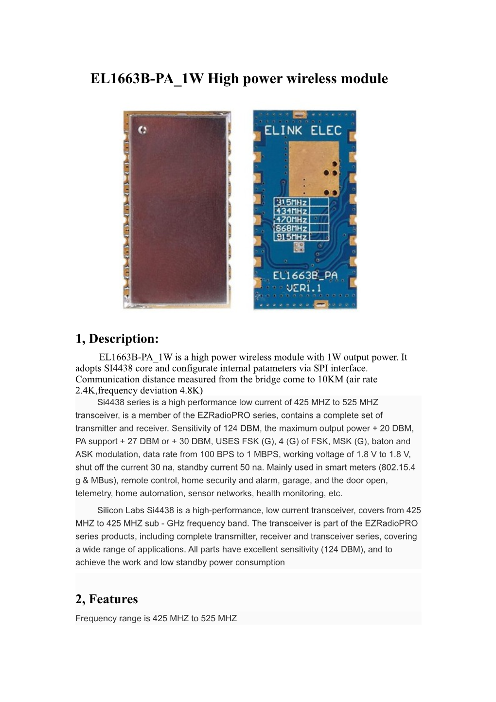 EL1663B-PA 1W High Power Wireless Module