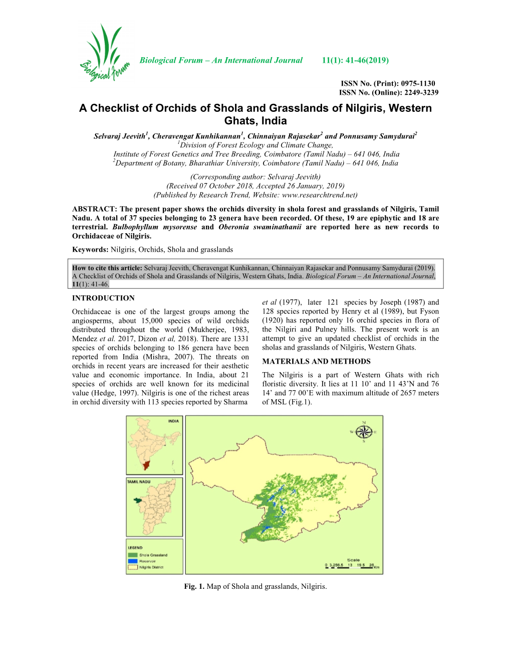 A Checklist of Orchids of Shola and Grasslands of Nilgiris, Western