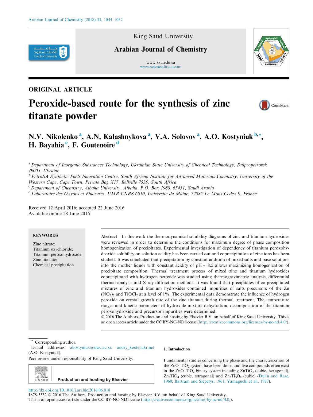 Peroxide-Based Route for the Synthesis of Zinc Titanate Powder